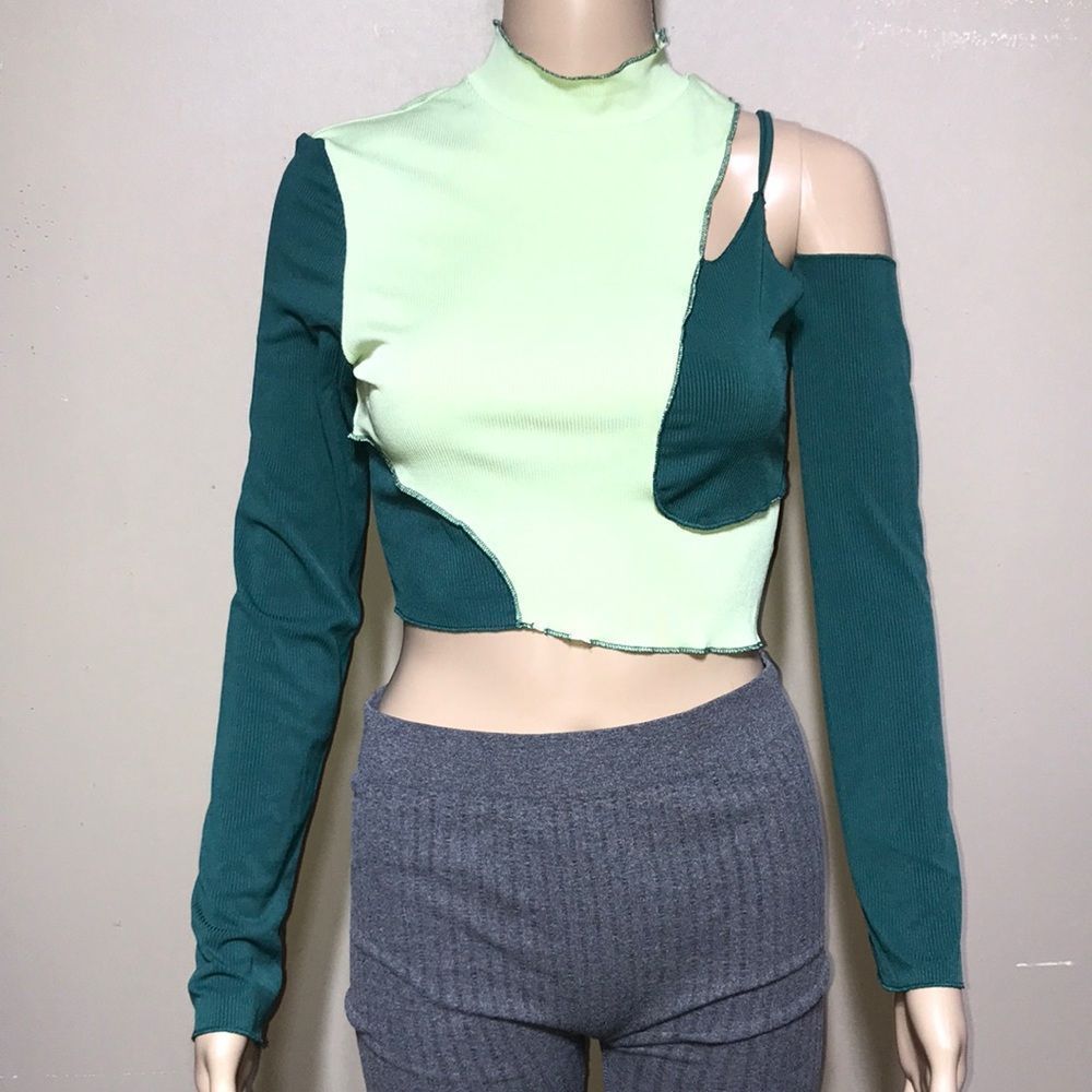Romwe asymmetrical colors of green ribbed futurecore dark academia blouse sz S